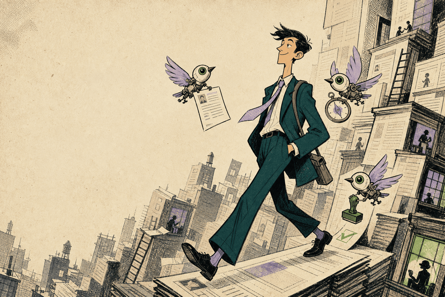 A job seeker crossing a city of career opportunities